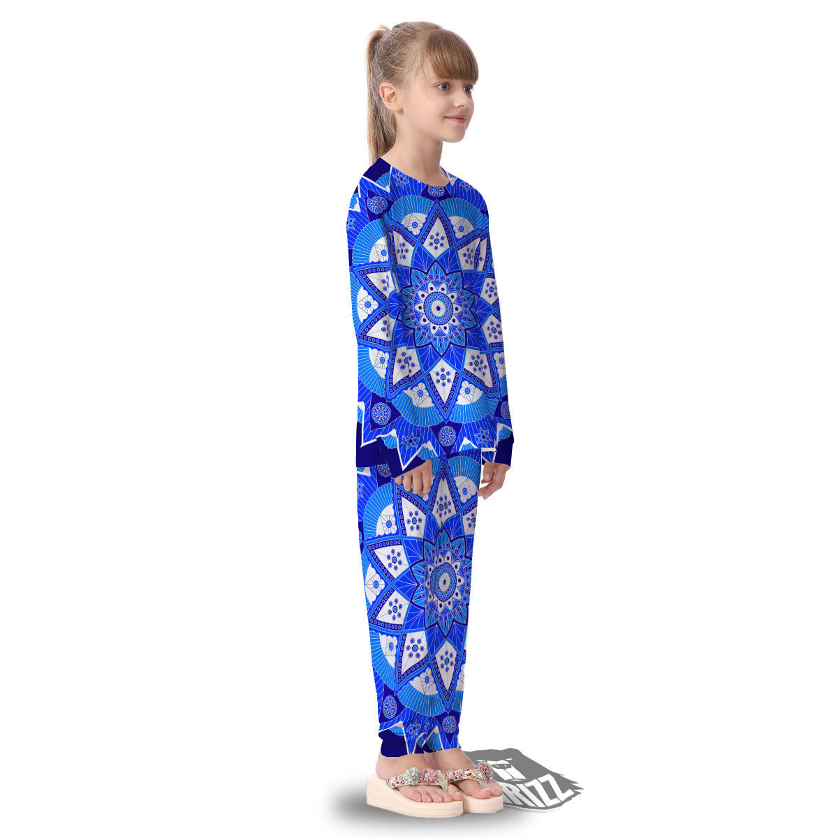 Bohemian Mandala White And Blue Print Kid's Pajamas-grizzshop