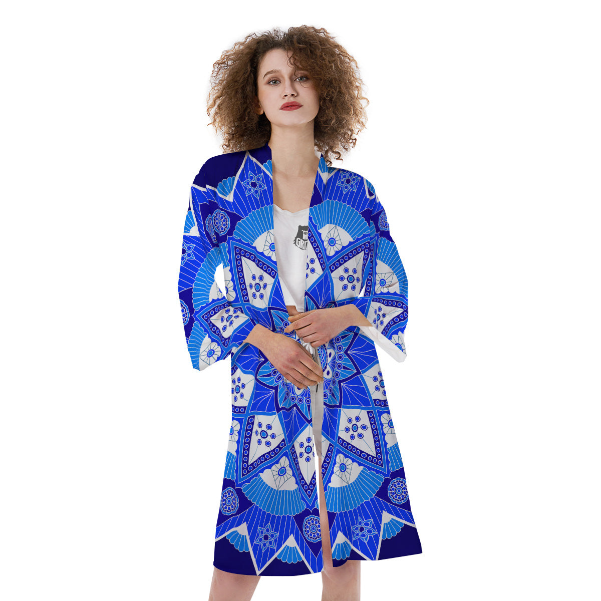 Bohemian Mandala White And Blue Print Kimono-grizzshop