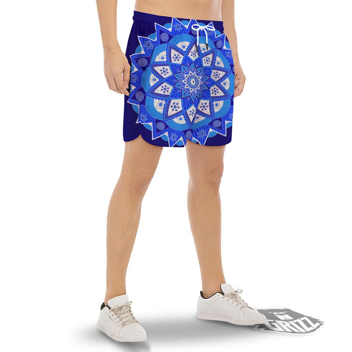 Bohemian Mandala White And Blue Print Men's Gym Shorts-grizzshop