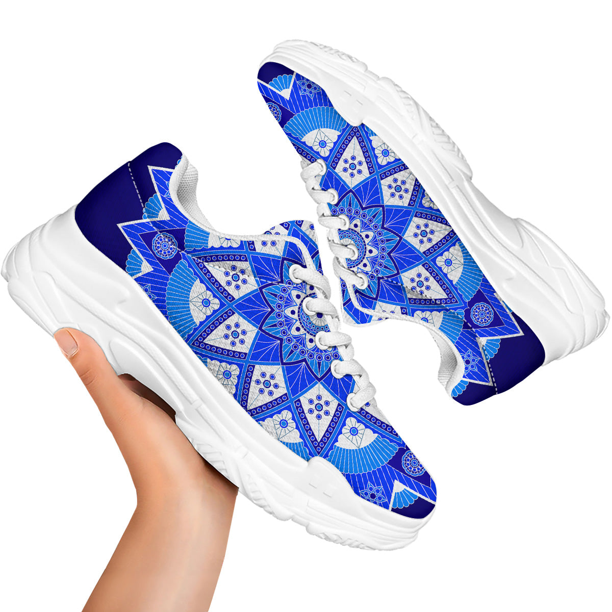Bohemian Mandala White And Blue Print White Chunky Shoes-grizzshop