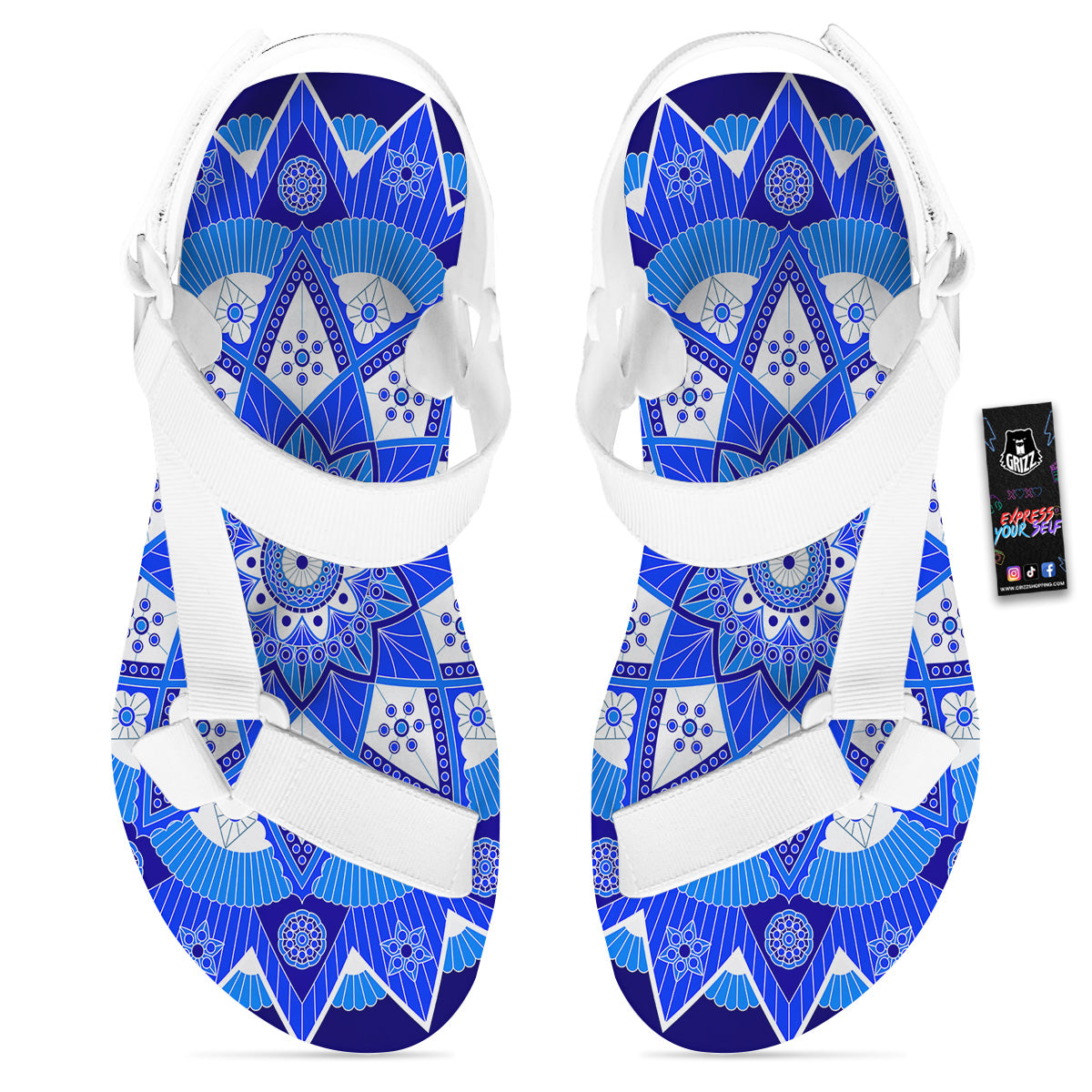 Bohemian Mandala White And Blue Print White Open Toe Sandals-grizzshop