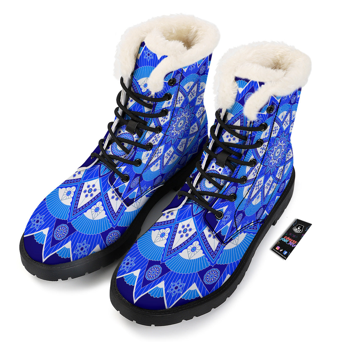 Bohemian Mandala White And Blue Print Winter Boots-grizzshop