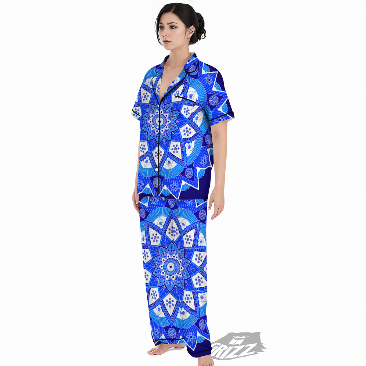 Bohemian Mandala White And Blue Print Women's Pajamas Set-grizzshop