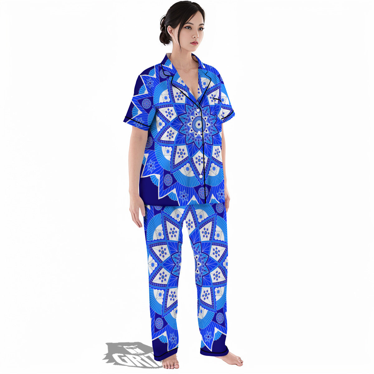 Bohemian Mandala White And Blue Print Women's Pajamas Set-grizzshop