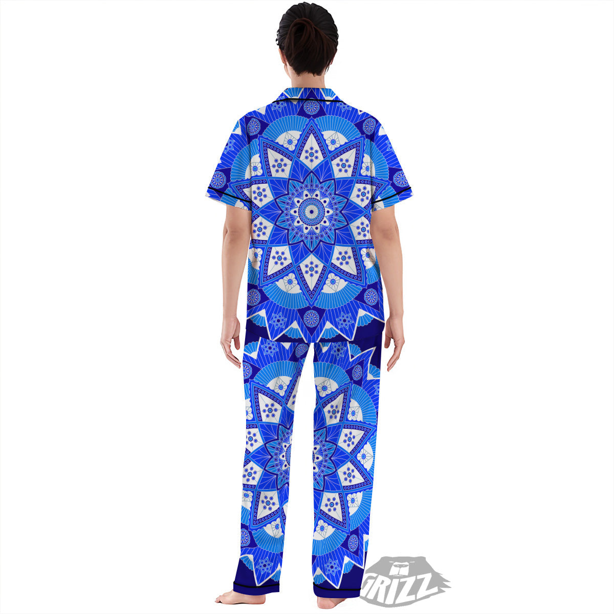 Bohemian Mandala White And Blue Print Women's Pajamas Set-grizzshop