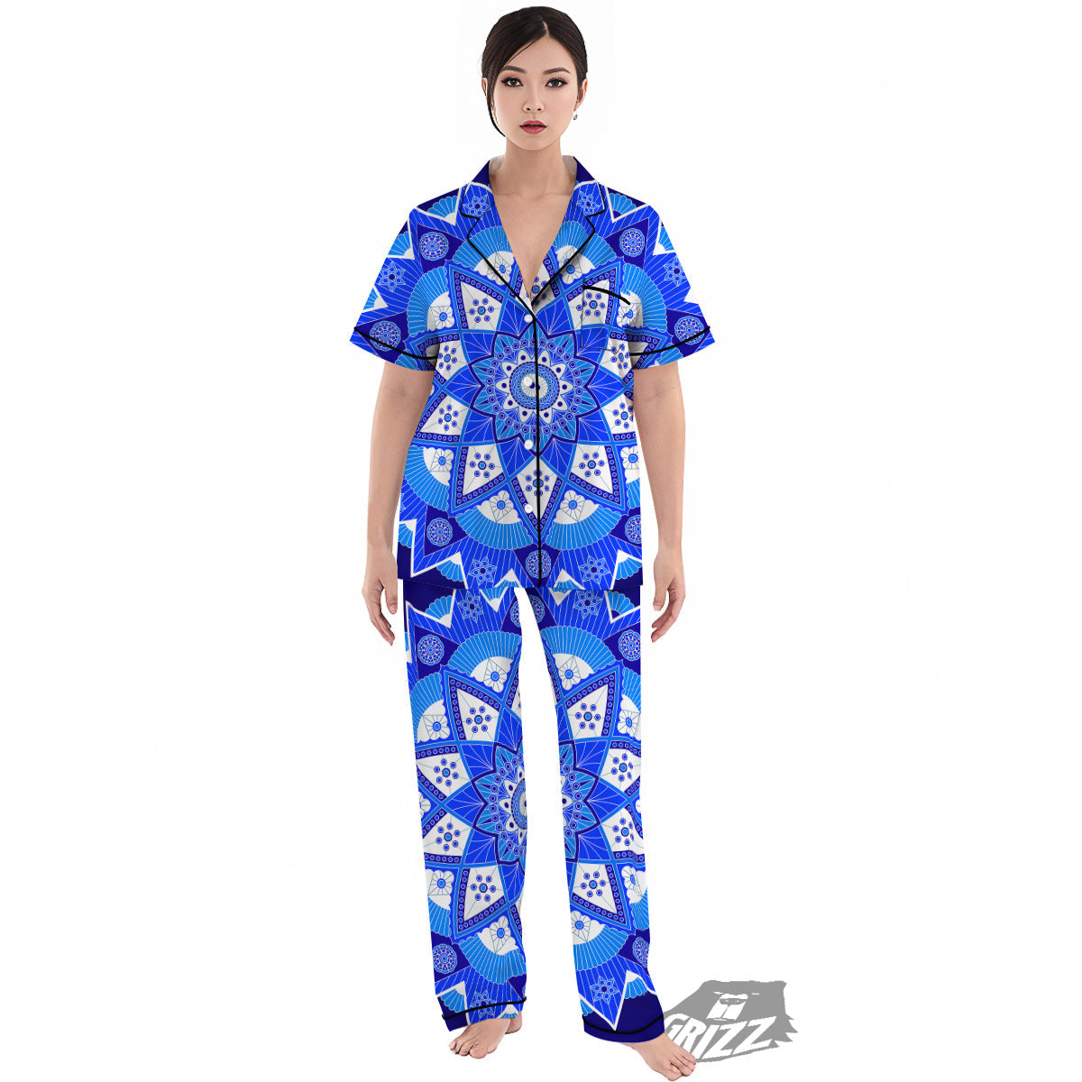 Bohemian Mandala White And Blue Print Women's Pajamas Set-grizzshop
