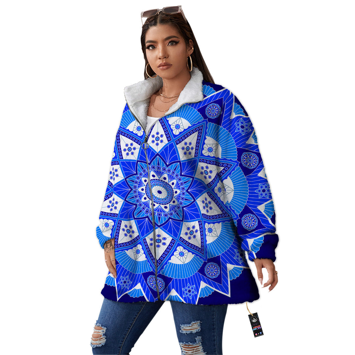Bohemian Mandala White And Blue Print Women's Sherpa Jacket-grizzshop