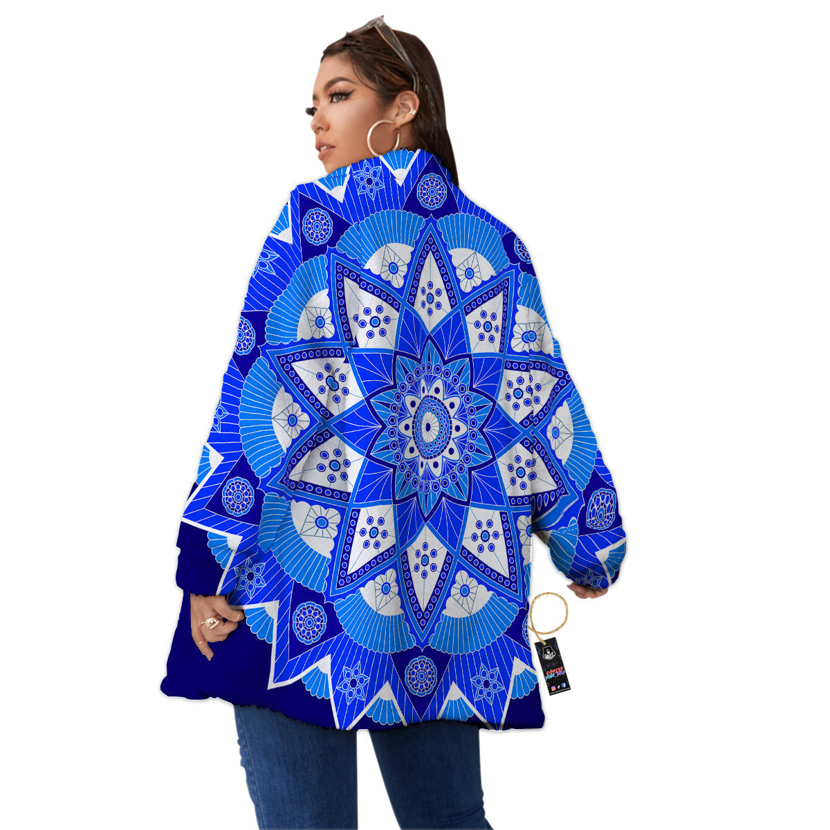 Bohemian Mandala White And Blue Print Women's Sherpa Jacket-grizzshop