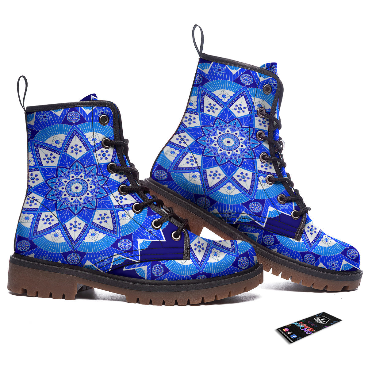 Bohemian Mandala White And Blue Print Work Boots-grizzshop