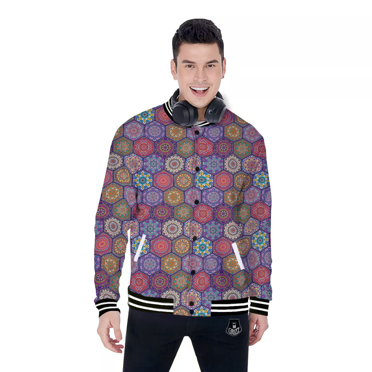 Bohemian Oriental Mandala Print Pattern Baseball Jacket-grizzshop