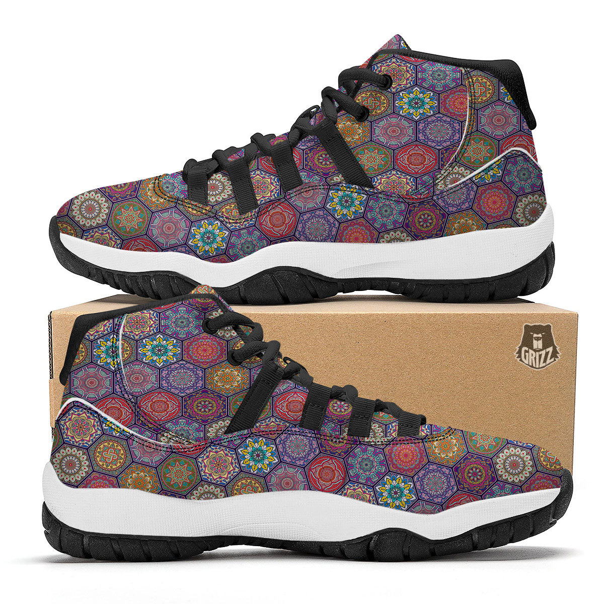 Bohemian Oriental Mandala Print Pattern Black Bball Shoes-grizzshop