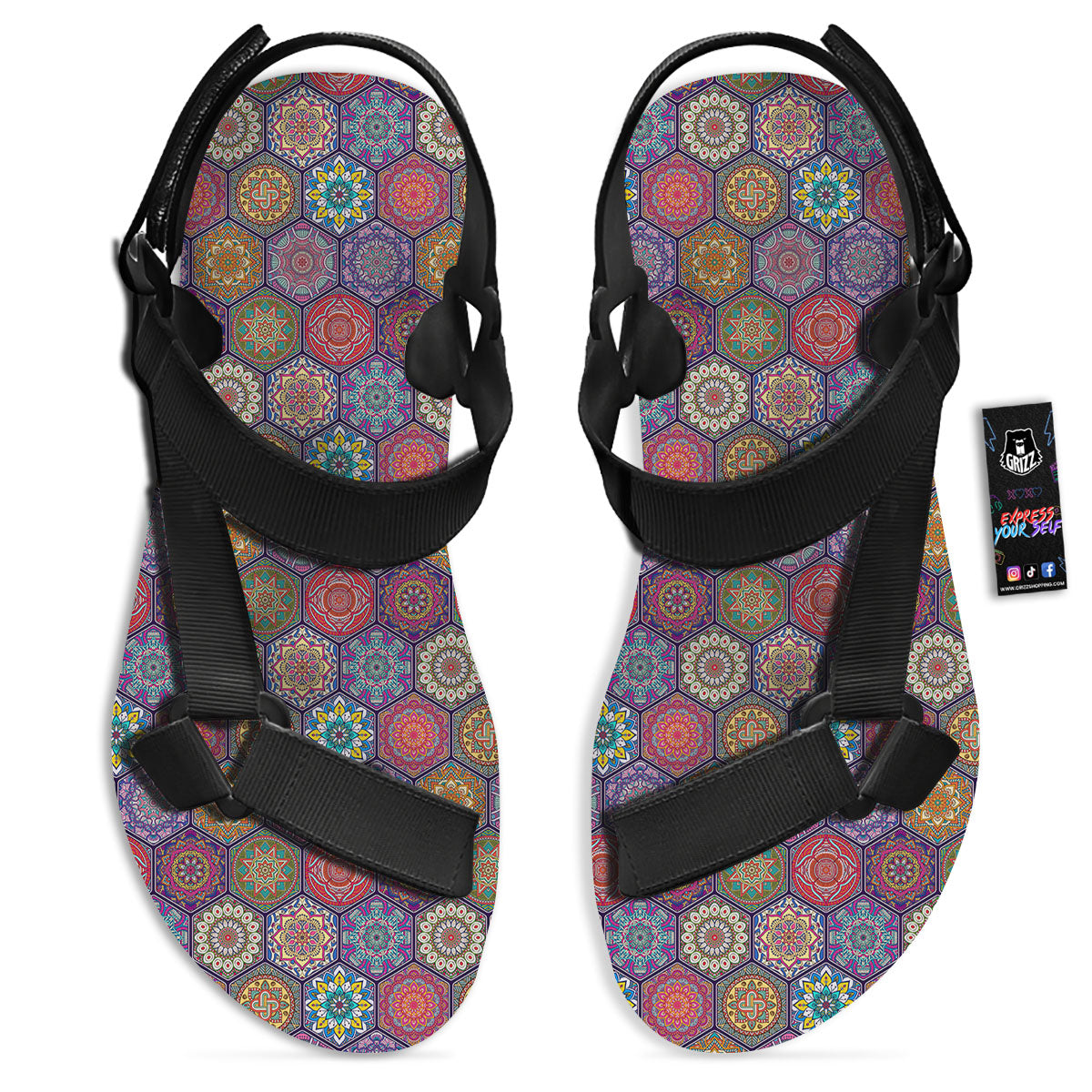 Bohemian Oriental Mandala Print Pattern Black Open Toe Sandals-grizzshop