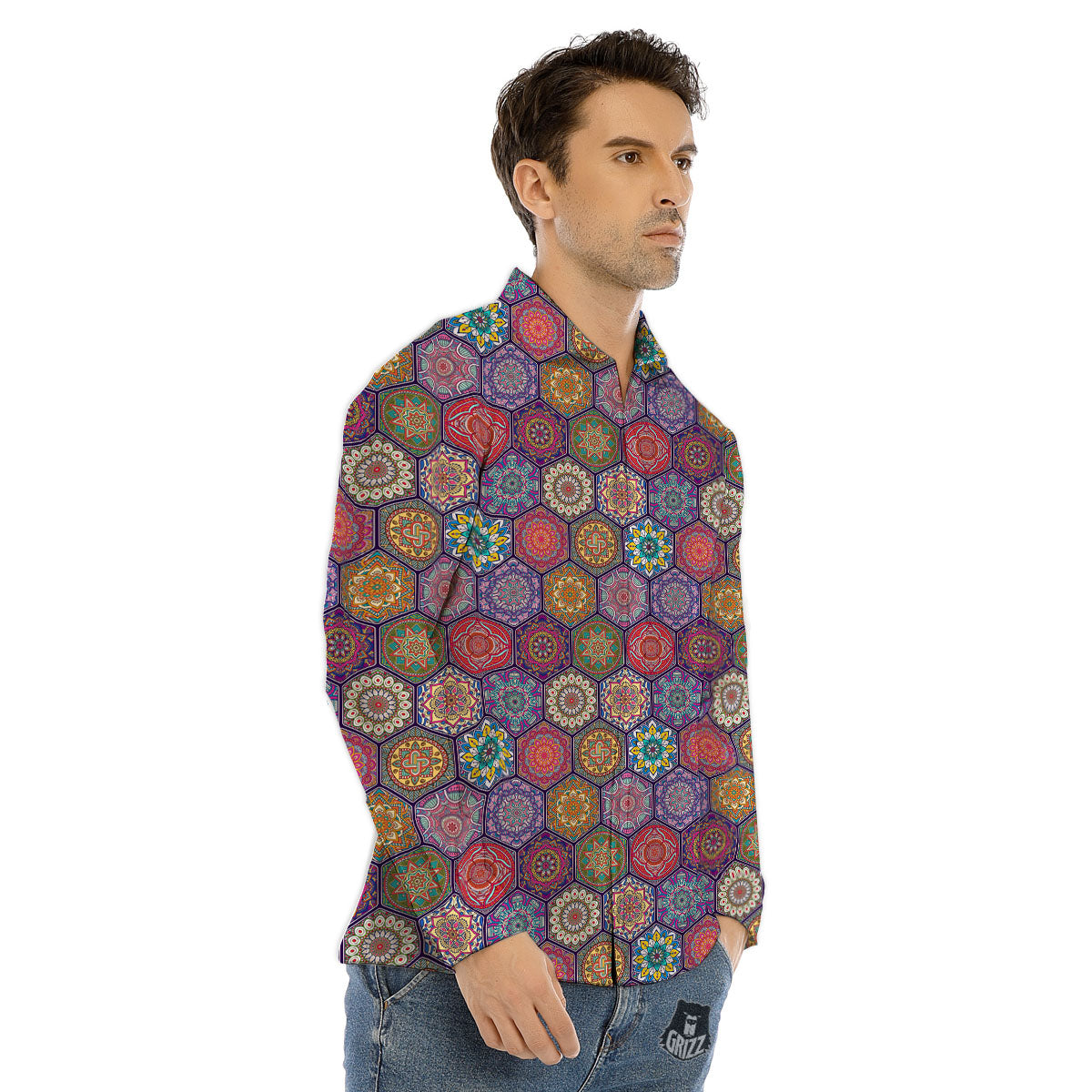Bohemian Oriental Mandala Print Pattern Men's Dress Shirts-grizzshop