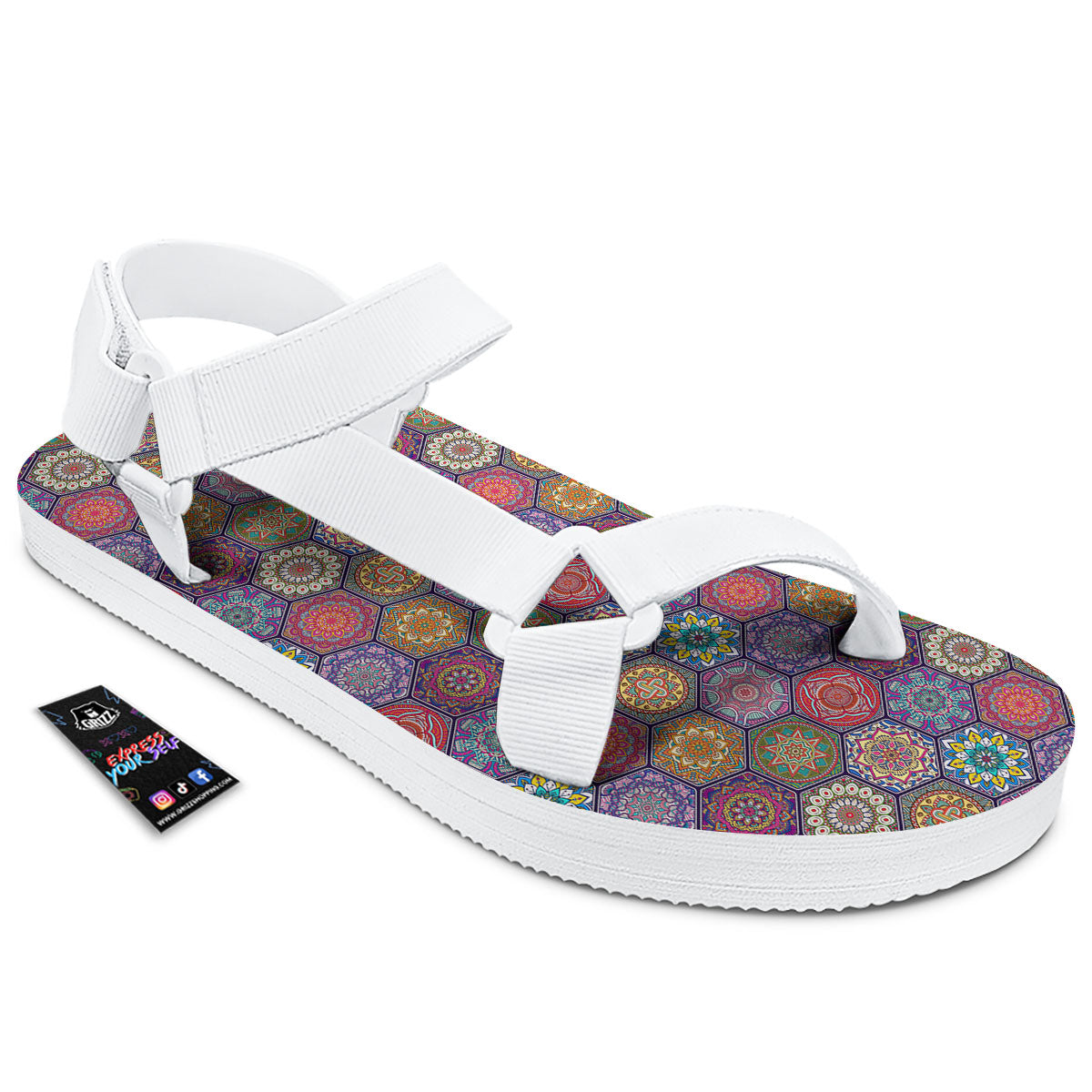Bohemian Oriental Mandala Print Pattern White Open Toe Sandals-grizzshop
