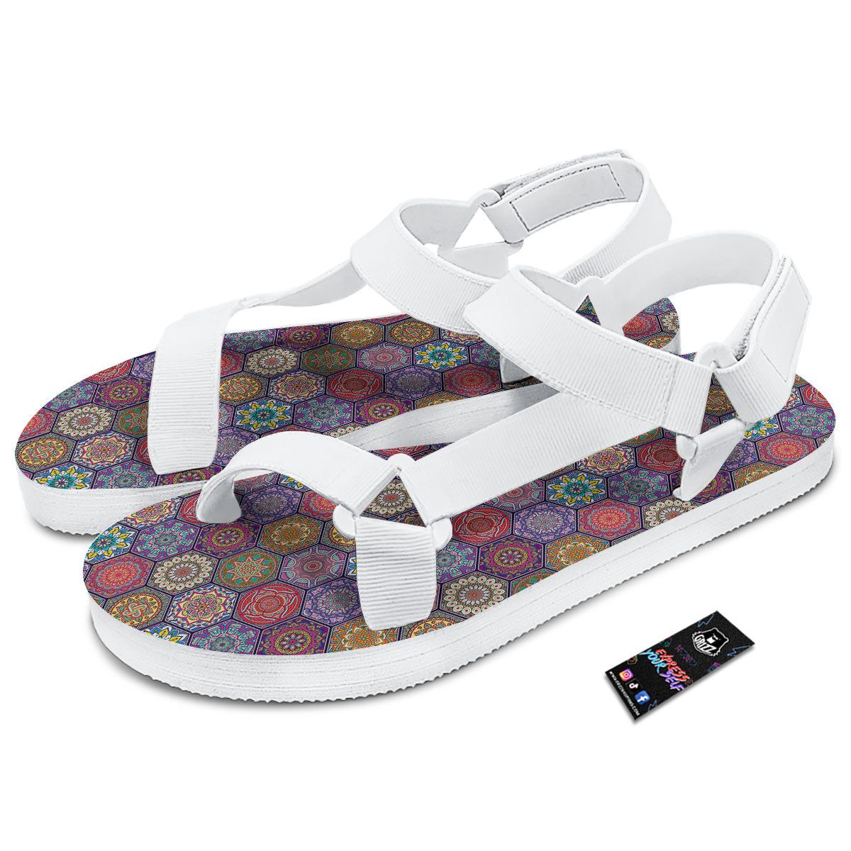 Bohemian Oriental Mandala Print Pattern White Open Toe Sandals-grizzshop