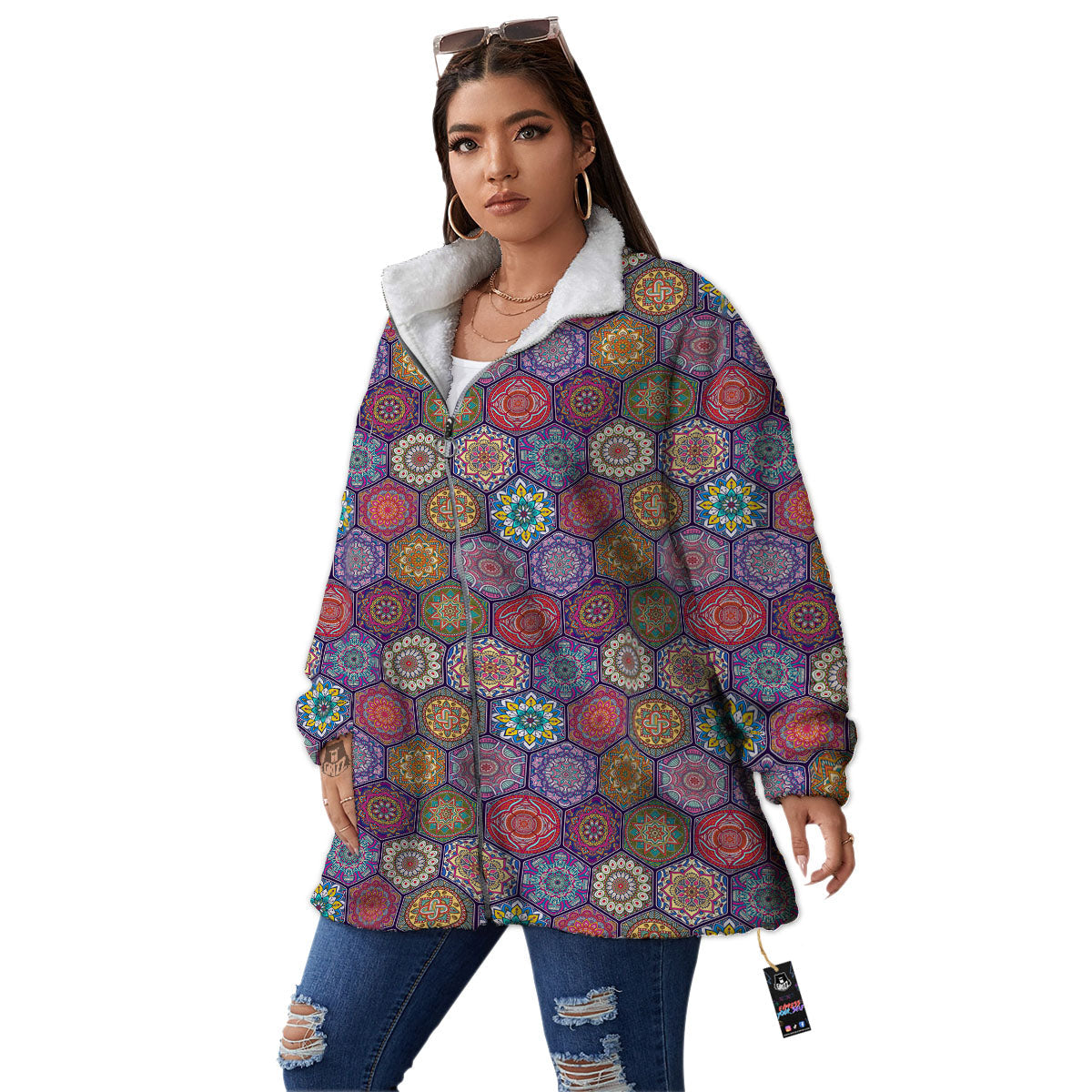 Bohemian Oriental Mandala Print Pattern Women's Sherpa Jacket-grizzshop