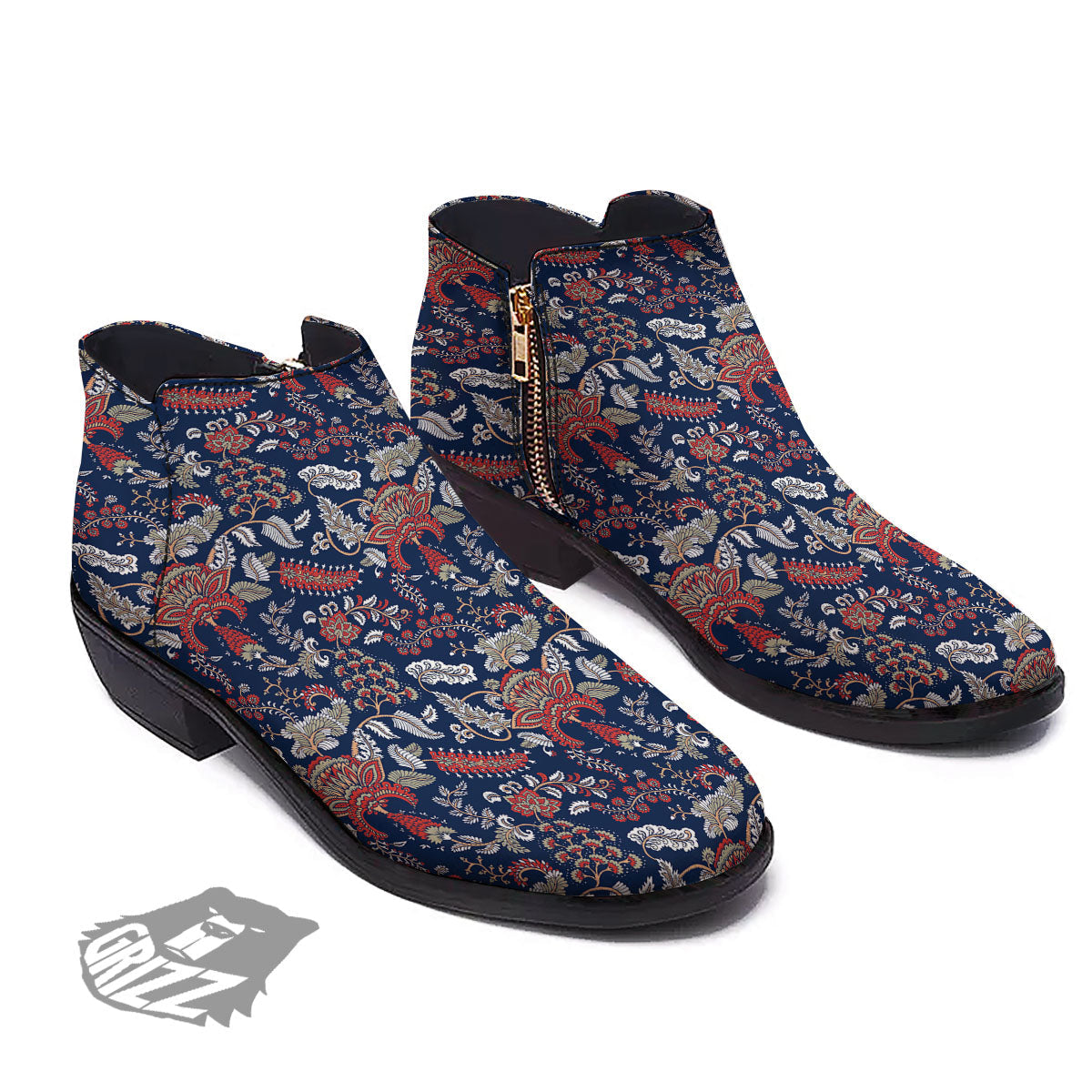 Bohemian Paisley Floral Print Pattern Ankle Boots-grizzshop