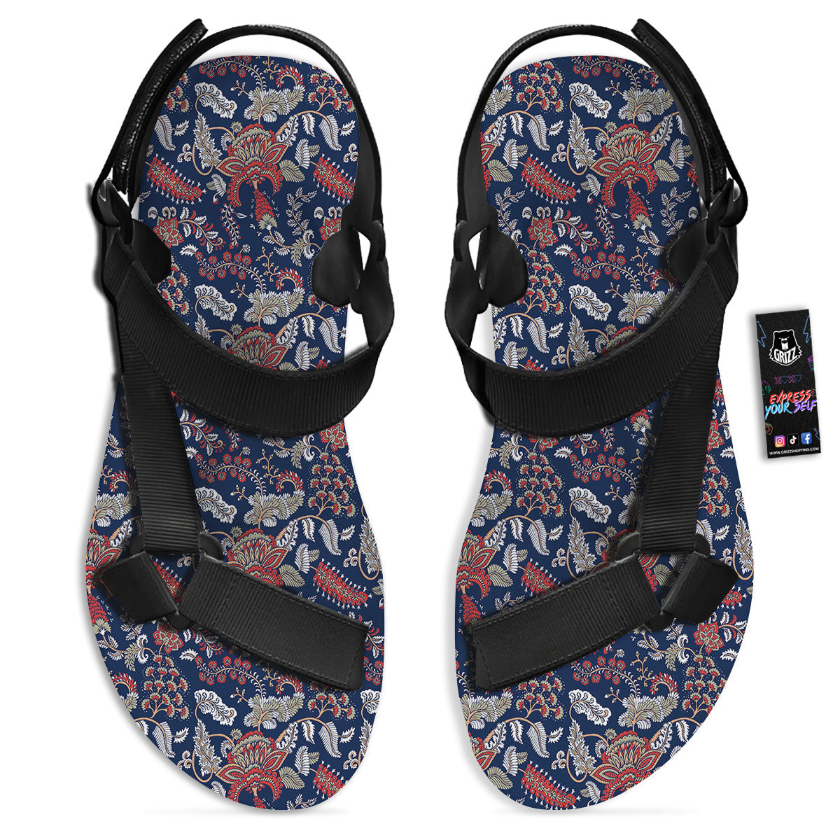 Bohemian Paisley Floral Print Pattern Black Open Toe Sandals-grizzshop