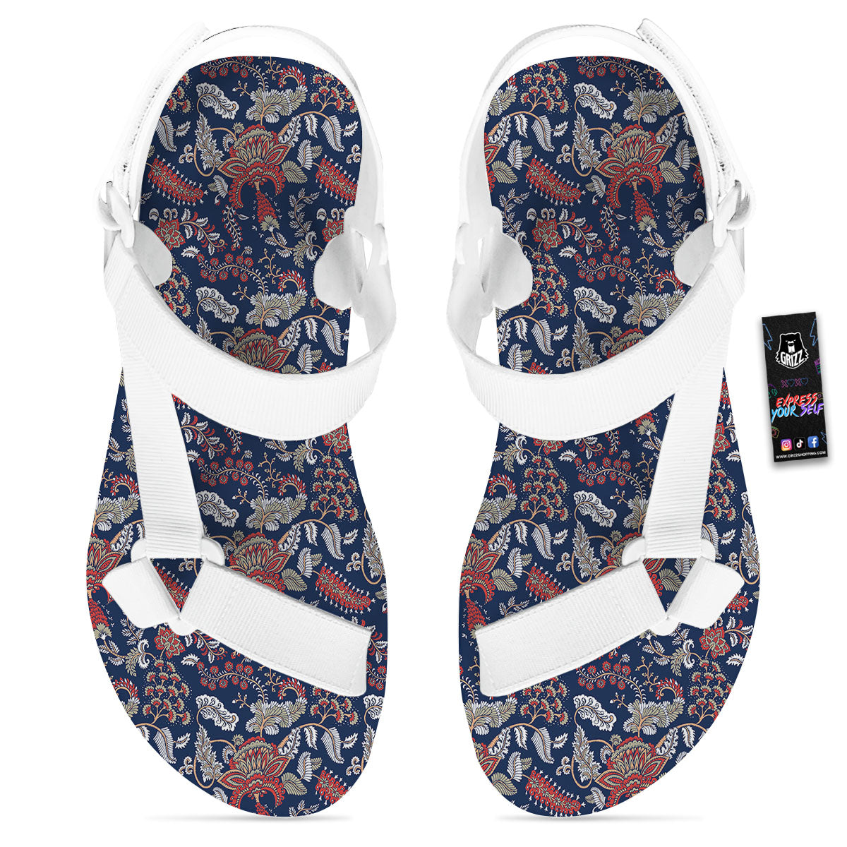 Bohemian Paisley Floral Print Pattern White Open Toe Sandals-grizzshop