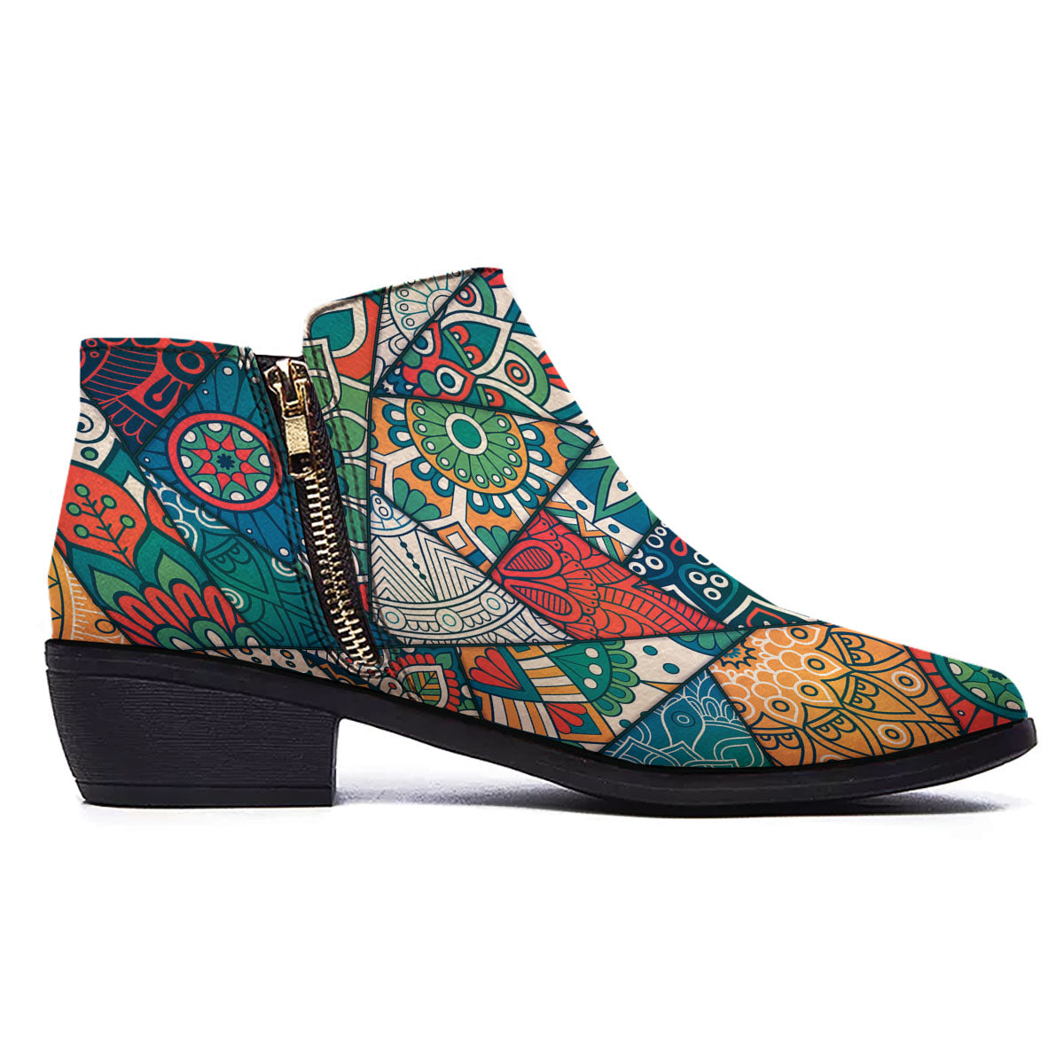 Bohemian Patchwork Mandala Print Pattern Ankle Boots-grizzshop