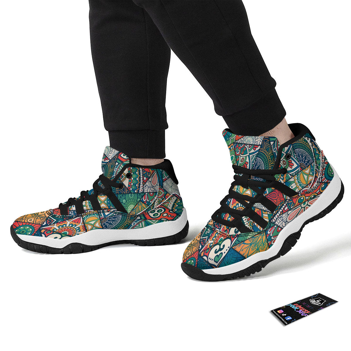 Bohemian Patchwork Mandala Print Pattern Black Bball Shoes-grizzshop