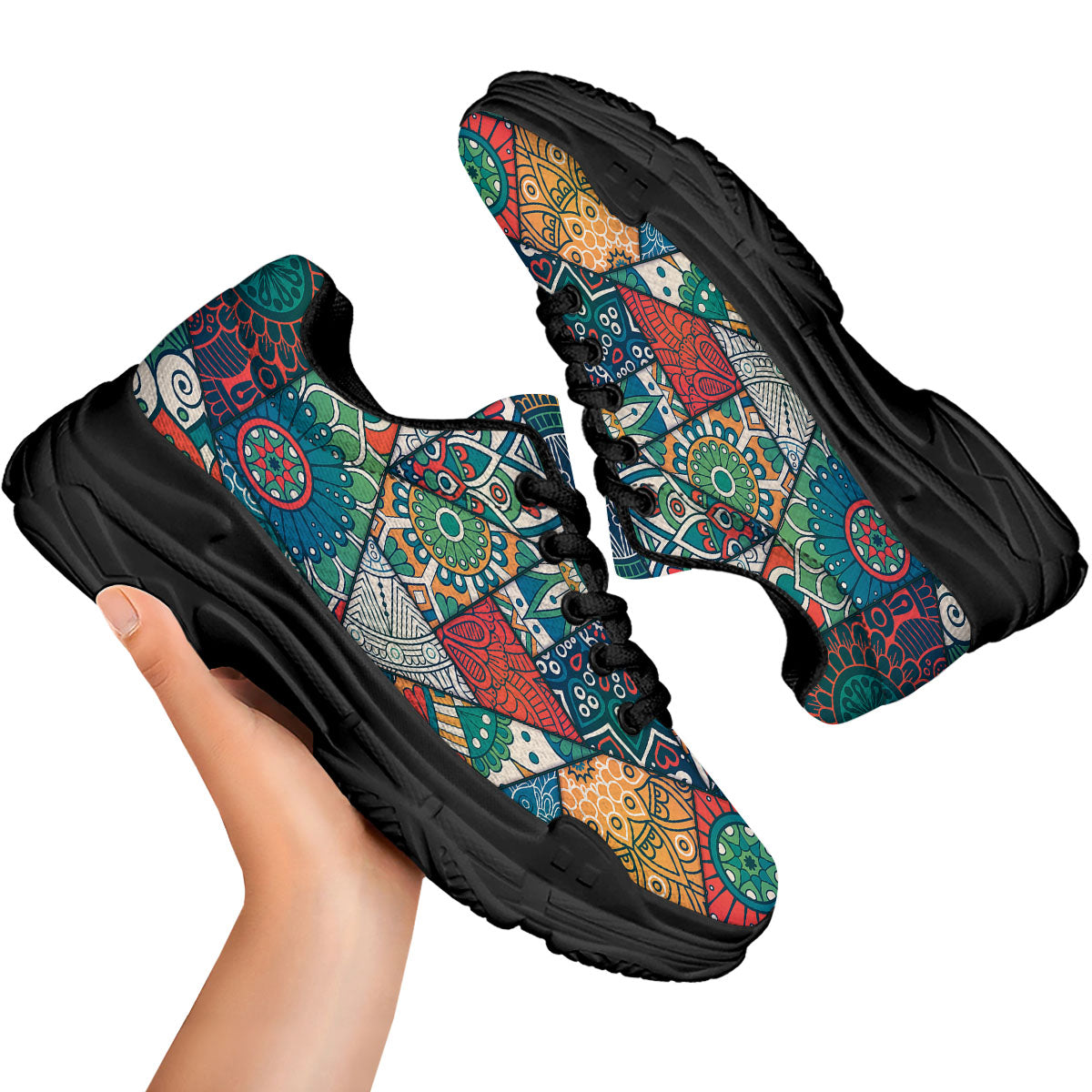 Bohemian Patchwork Mandala Print Pattern Black Chunky Shoes-grizzshop