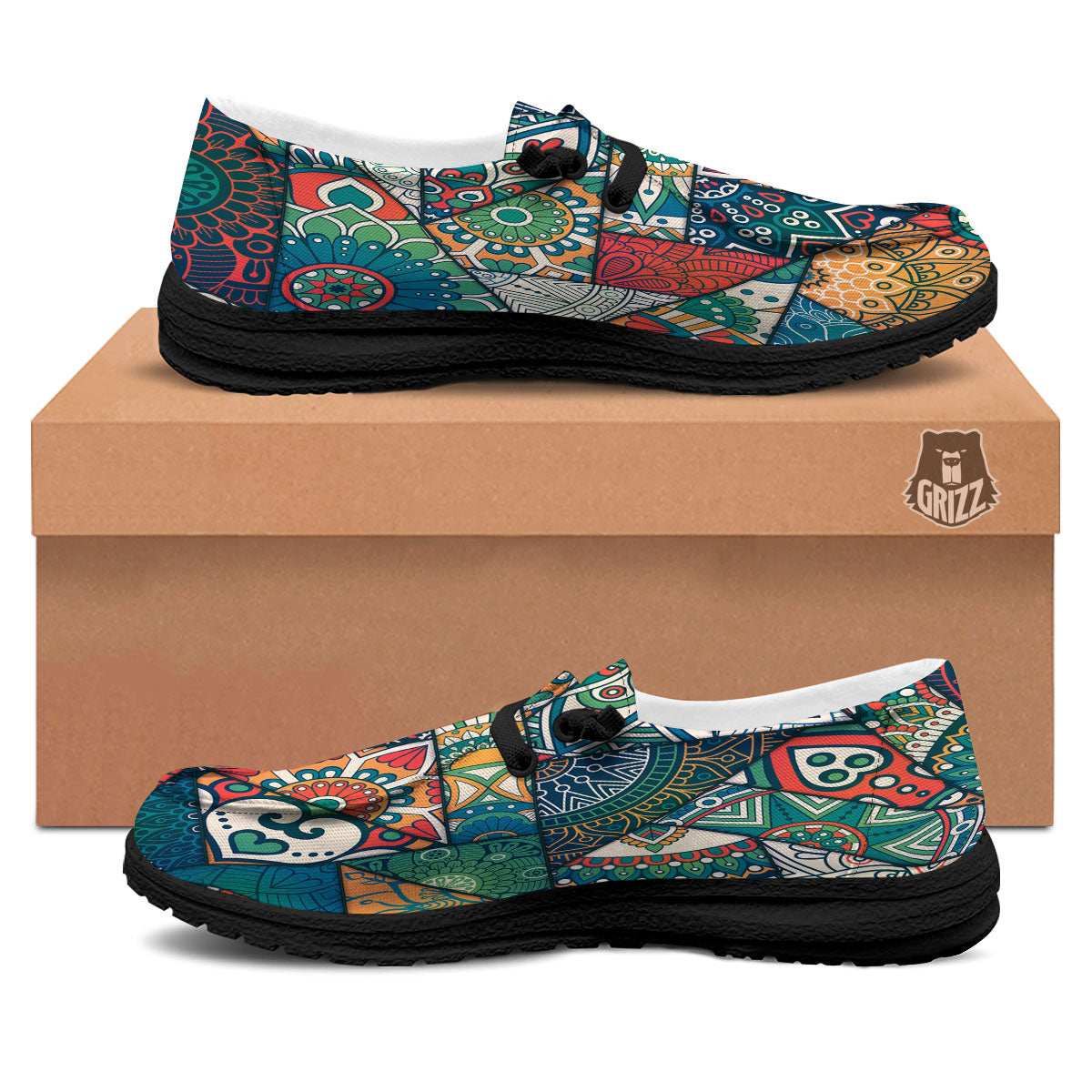 Bohemian Patchwork Mandala Print Pattern Black Loafers-grizzshop