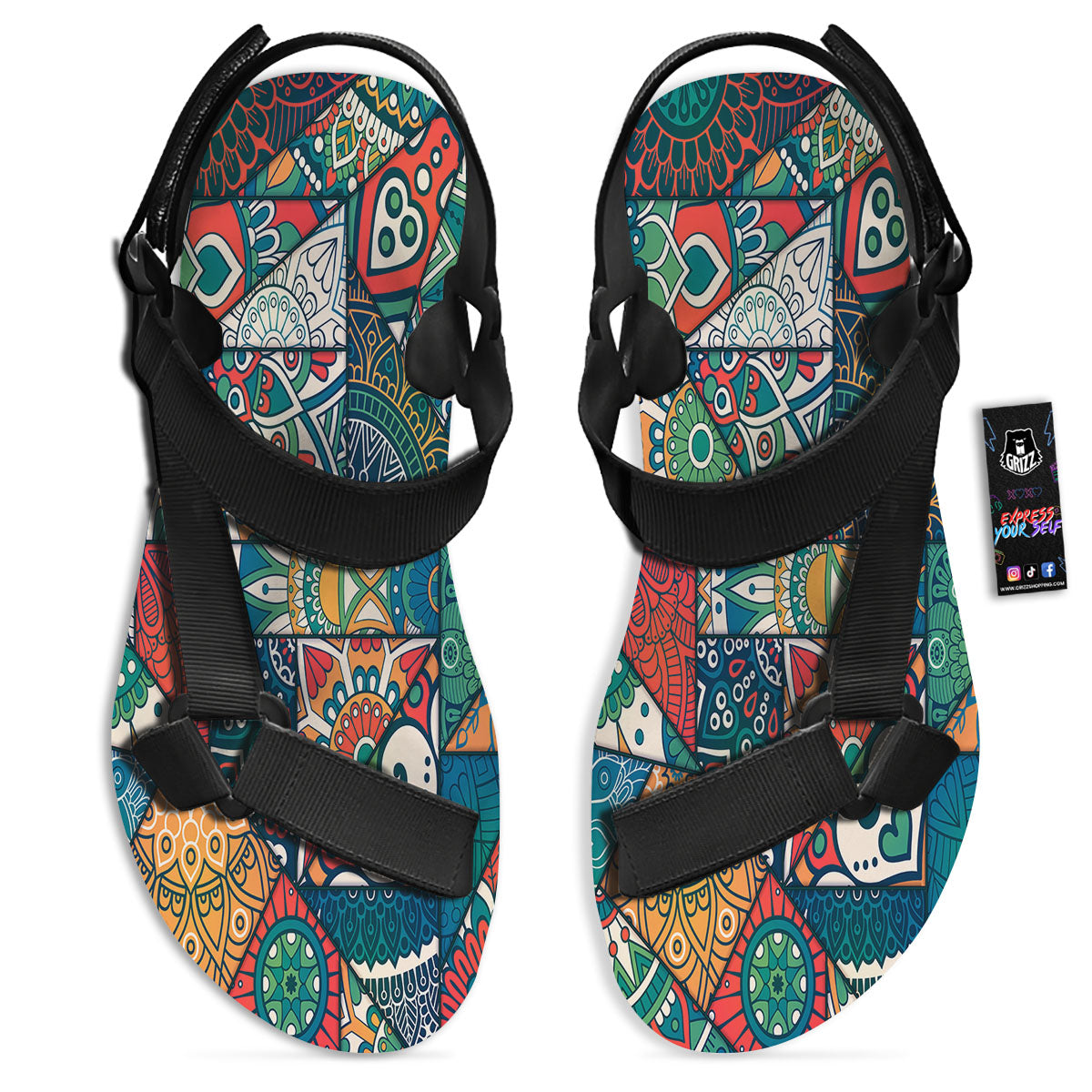 Bohemian Patchwork Mandala Print Pattern Black Open Toe Sandals-grizzshop