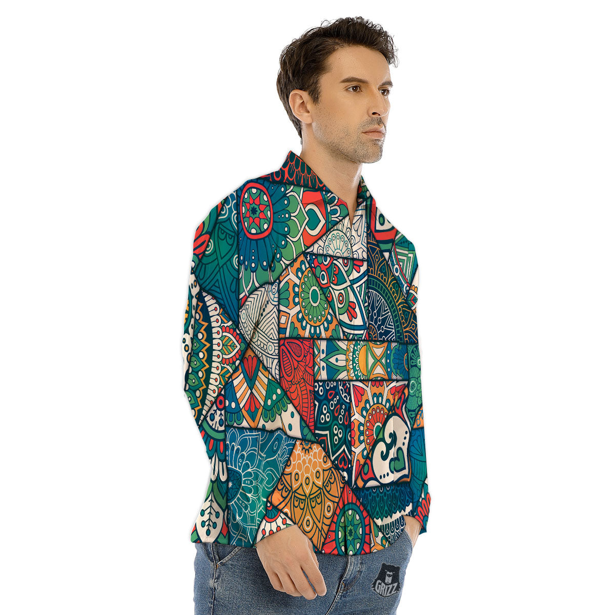 Bohemian Patchwork Mandala Print Pattern Men's Dress Shirts-grizzshop