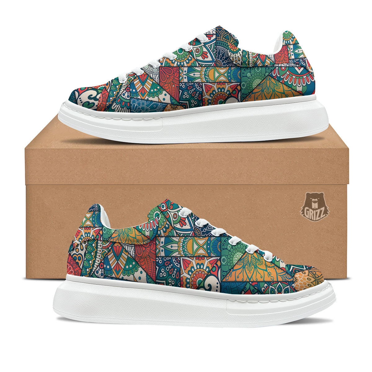 Bohemian Patchwork Mandala Print Pattern Platform Shoes-grizzshop
