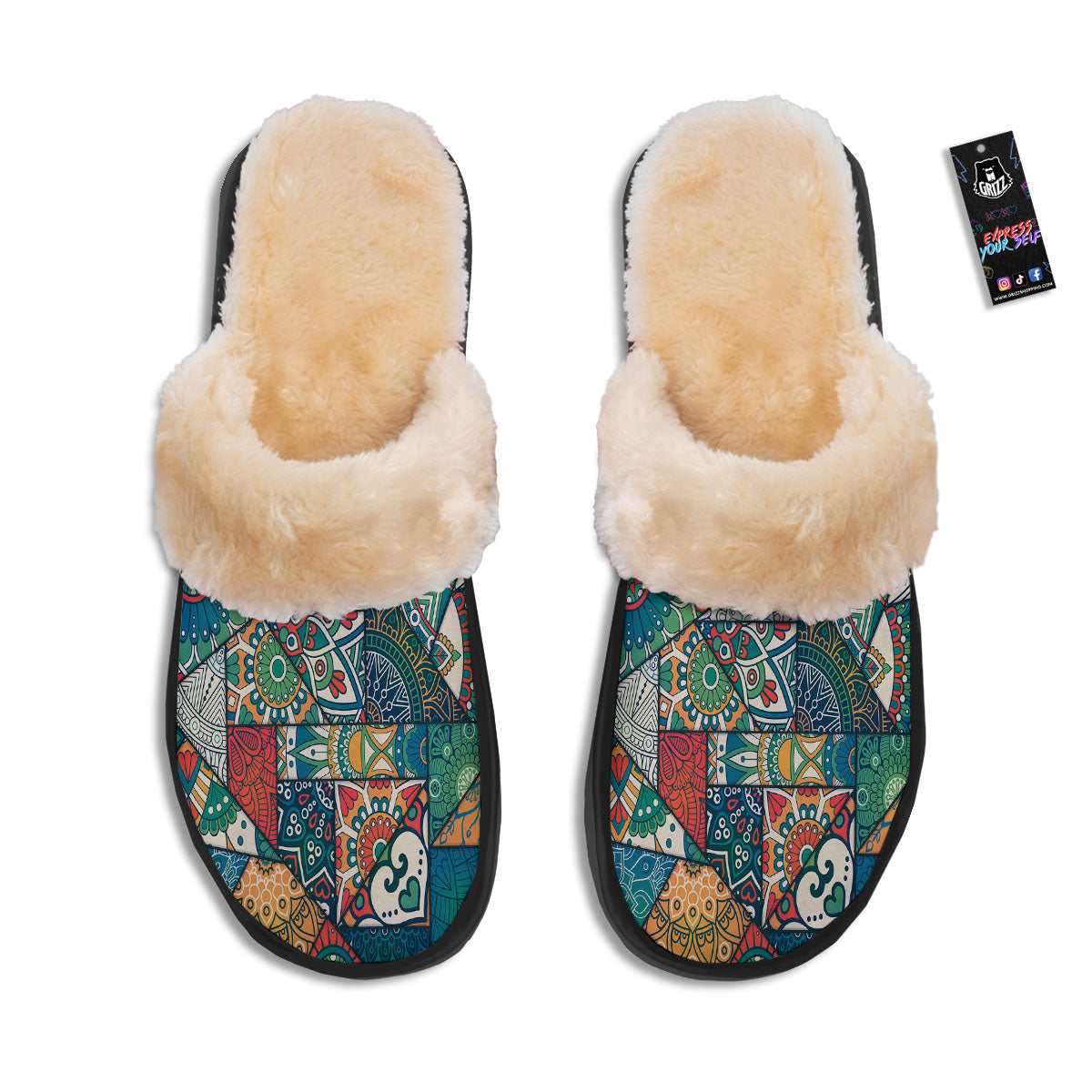 Bohemian Patchwork Mandala Print Pattern Slippers-grizzshop