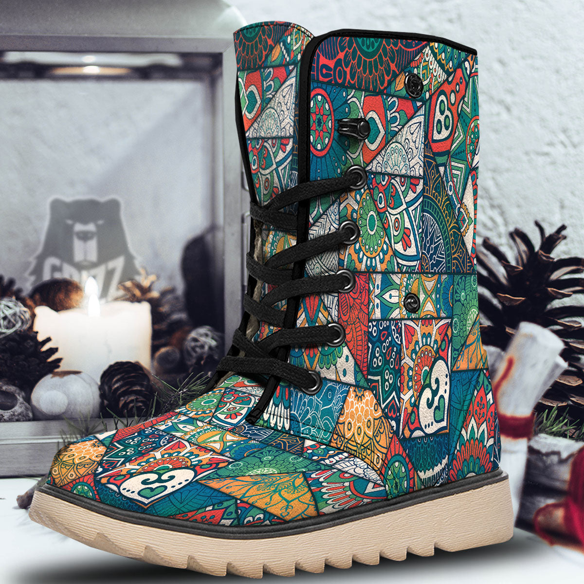 Bohemian Patchwork Mandala Print Pattern Snow Boots-grizzshop