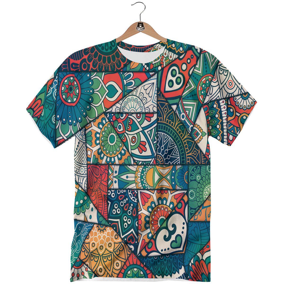 Bohemian Patchwork Mandala Print Pattern T-Shirt-grizzshop