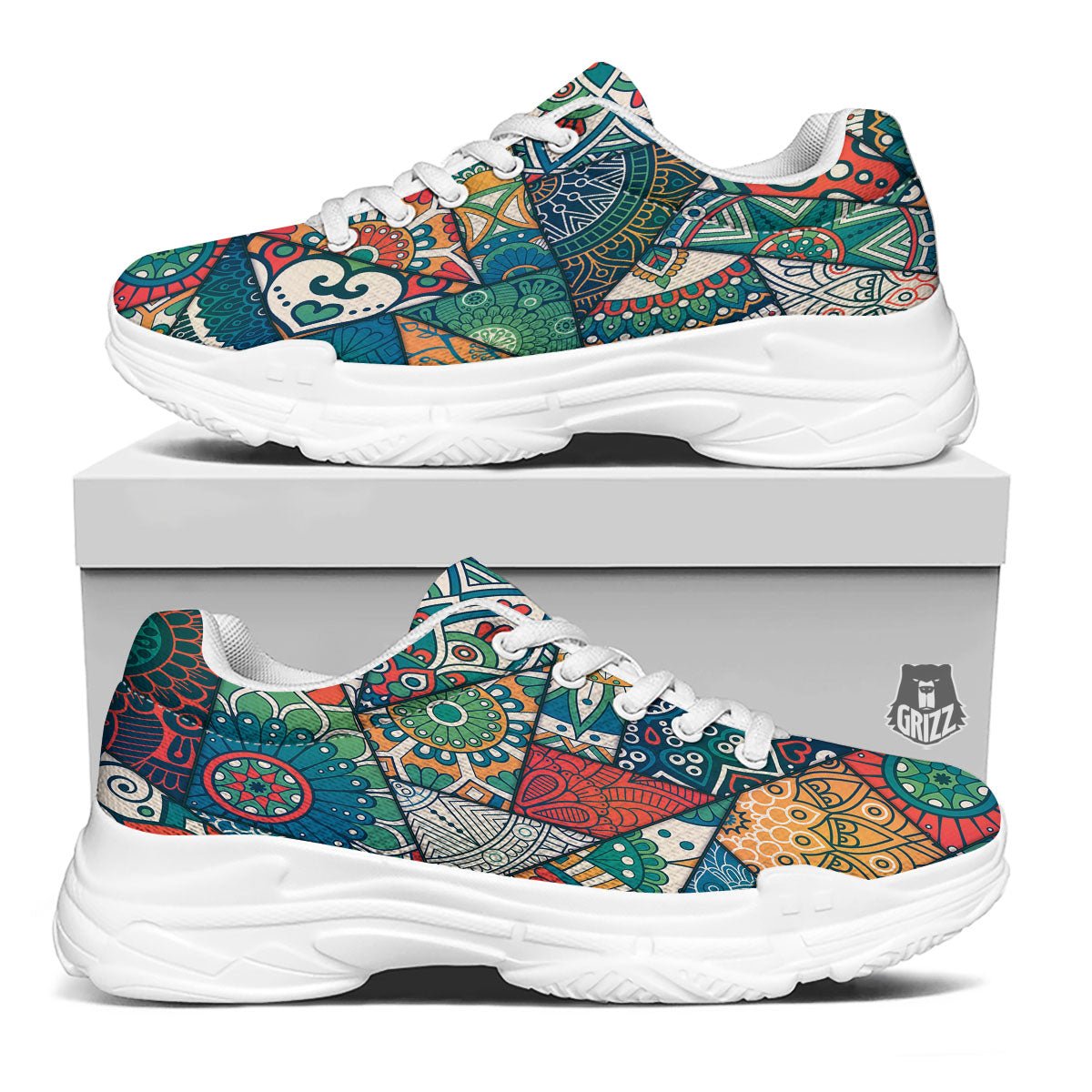 Bohemian Patchwork Mandala Print Pattern White Chunky Shoes-grizzshop