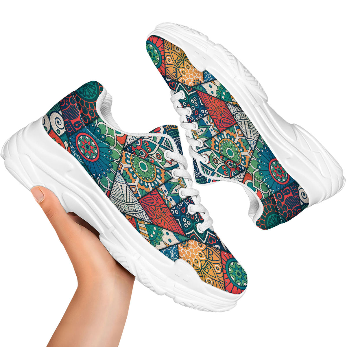 Bohemian Patchwork Mandala Print Pattern White Chunky Shoes-grizzshop