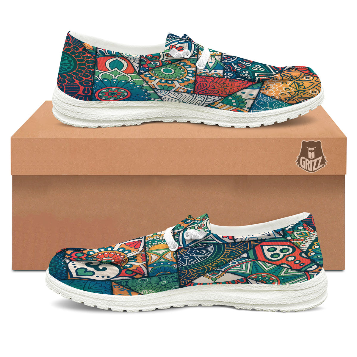 Bohemian Patchwork Mandala Print Pattern White Loafers-grizzshop