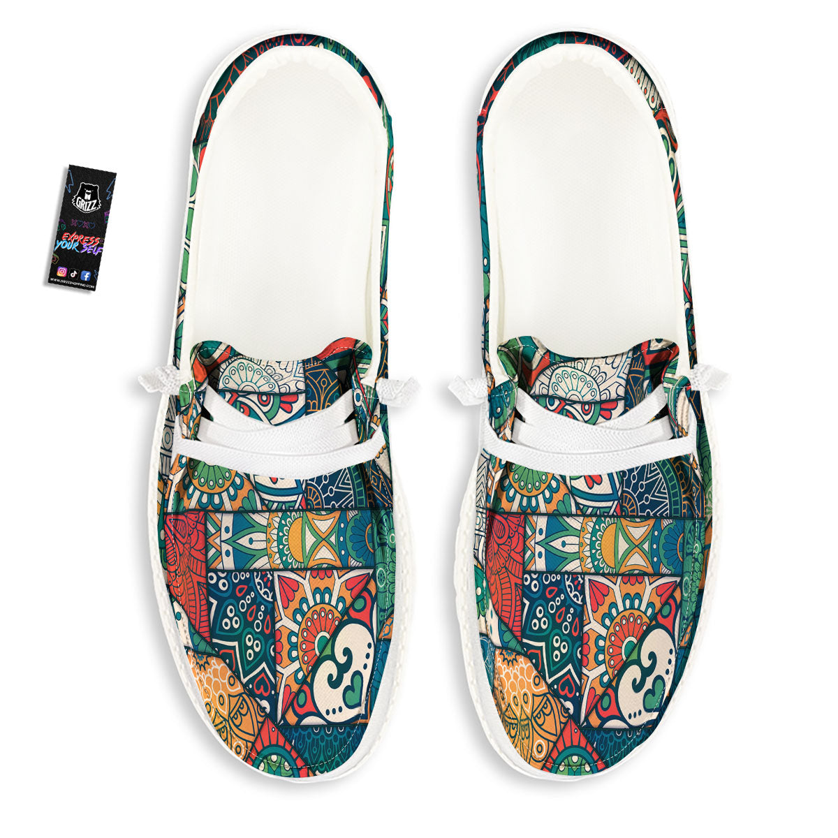 Bohemian Patchwork Mandala Print Pattern White Loafers-grizzshop