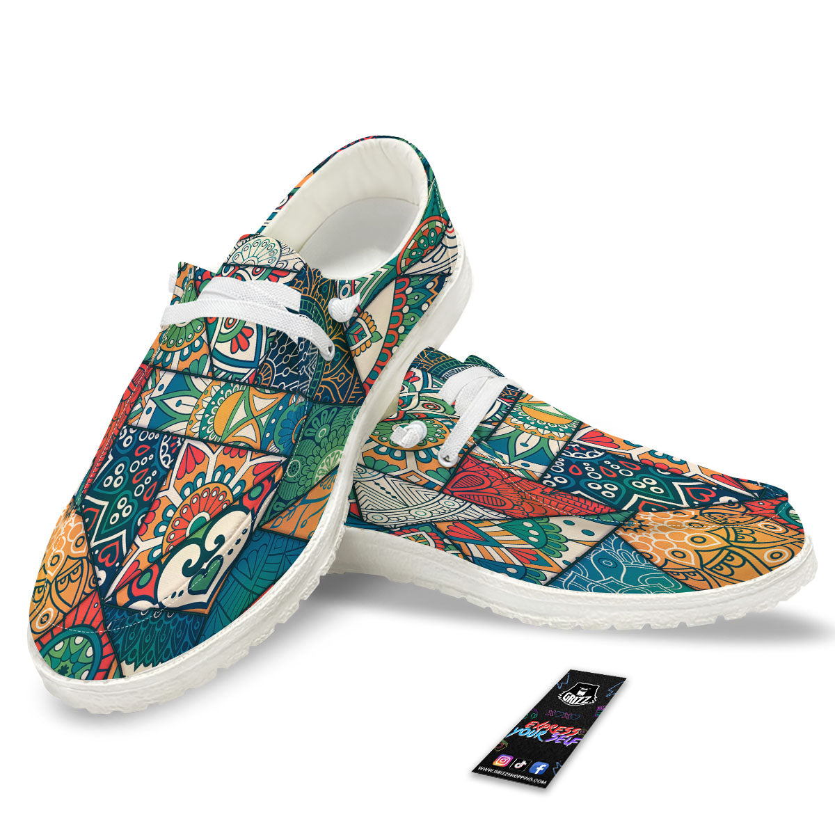 Bohemian Patchwork Mandala Print Pattern White Loafers-grizzshop