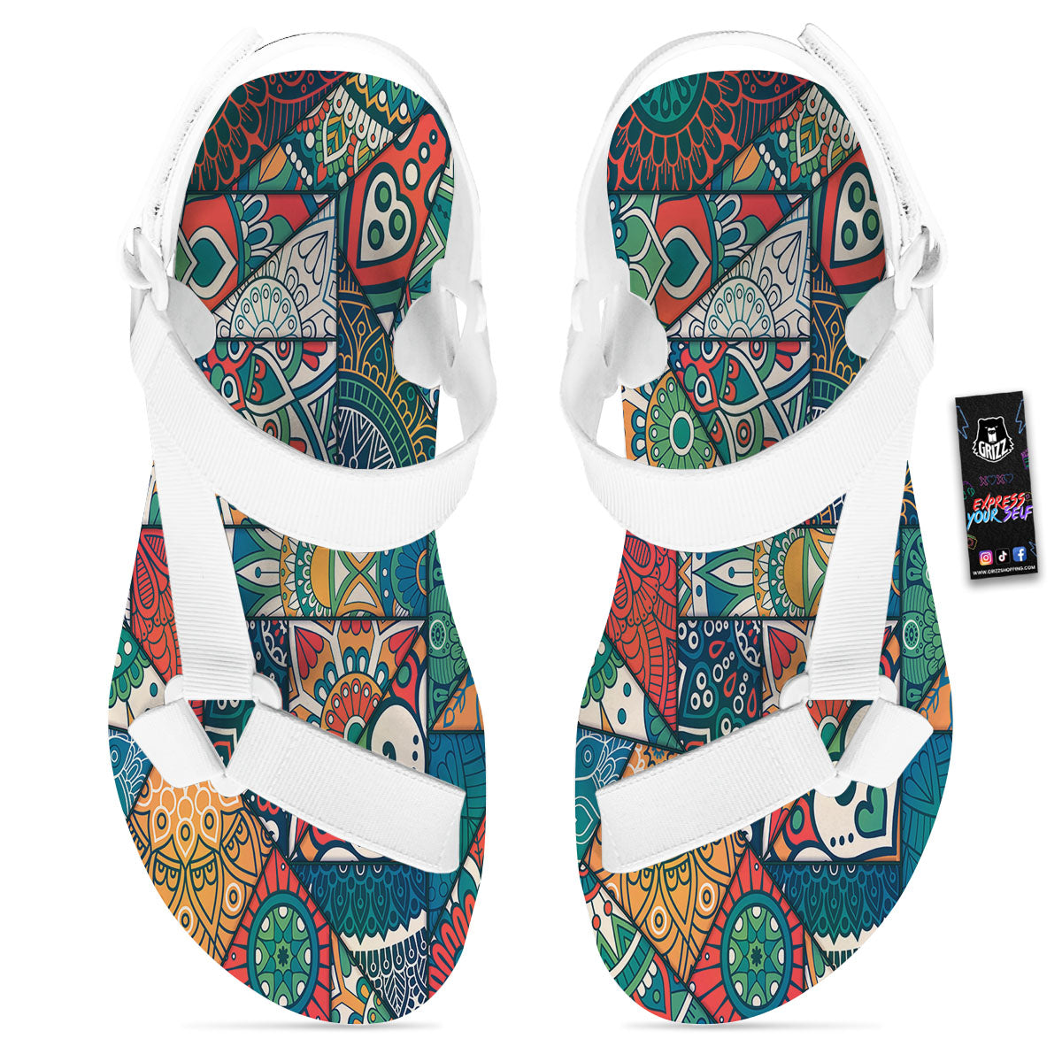 Bohemian Patchwork Mandala Print Pattern White Open Toe Sandals-grizzshop