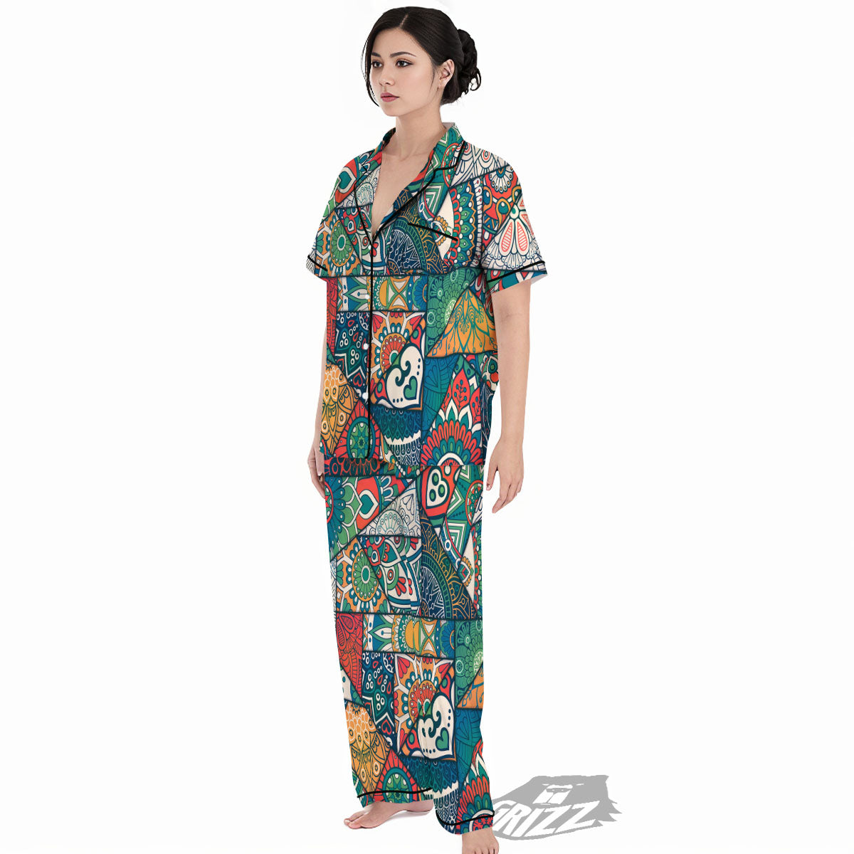 Bohemian Patchwork Mandala Print Pattern Women's Pajamas Set-grizzshop