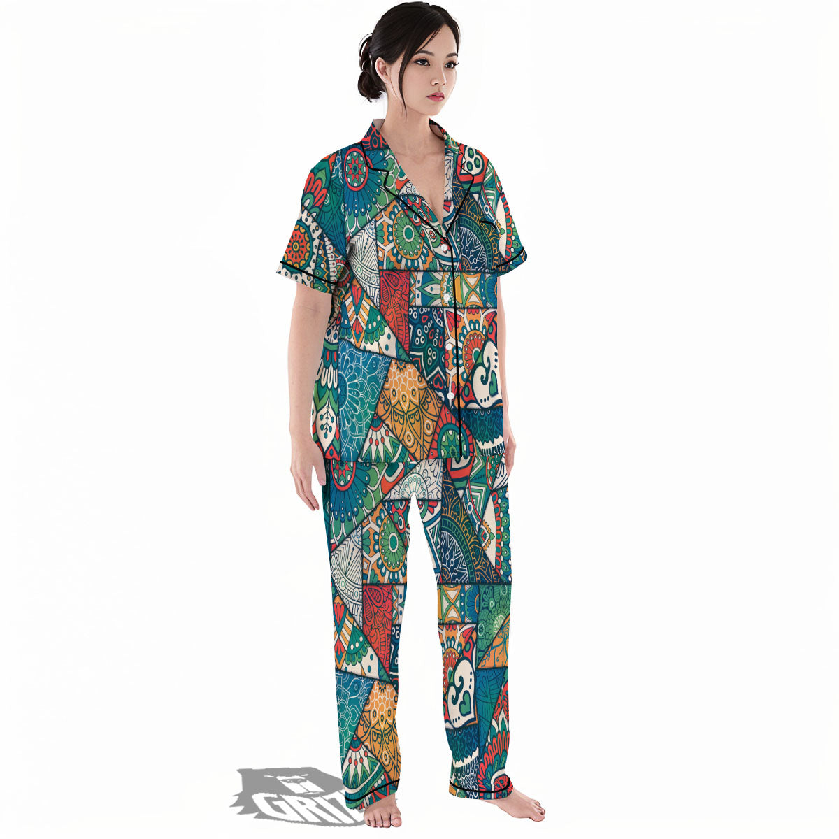 Bohemian Patchwork Mandala Print Pattern Women's Pajamas Set-grizzshop