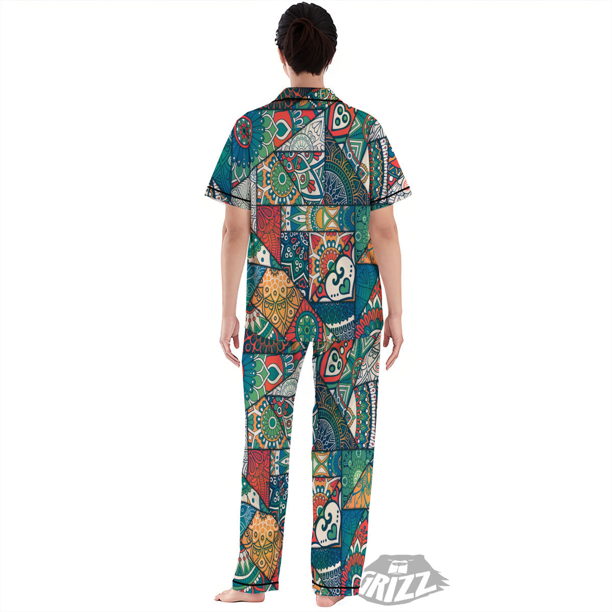 Bohemian Patchwork Mandala Print Pattern Women's Pajamas Set-grizzshop