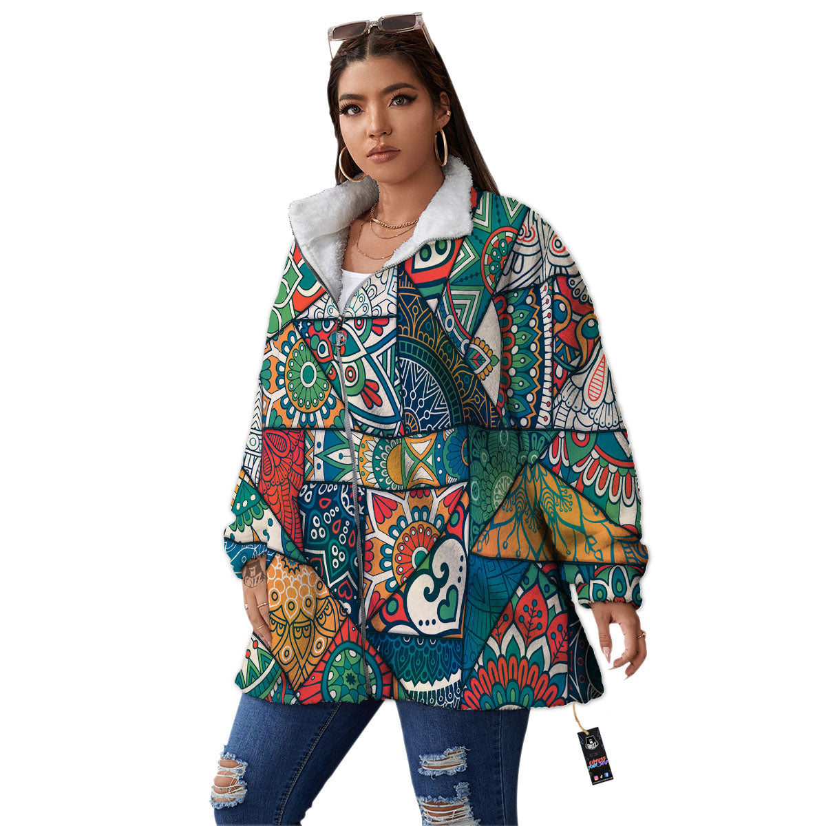 Bohemian Patchwork Mandala Print Pattern Women's Sherpa Jacket-grizzshop