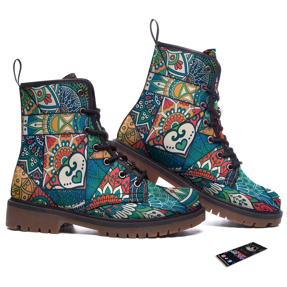 Bohemian Patchwork Mandala Print Pattern Work Boots-grizzshop