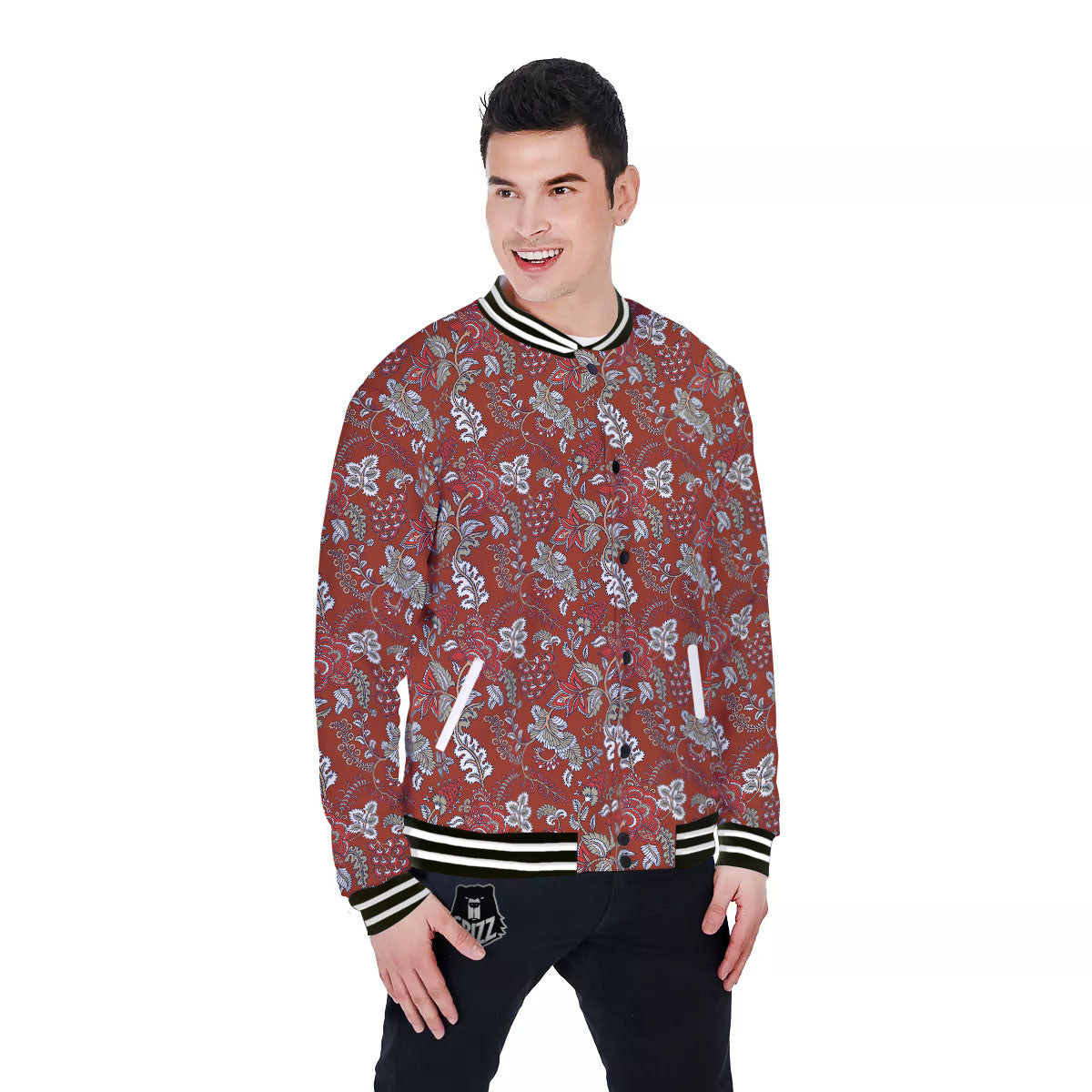 Bohemian Red Floral Print Pattern Baseball Jacket-grizzshop