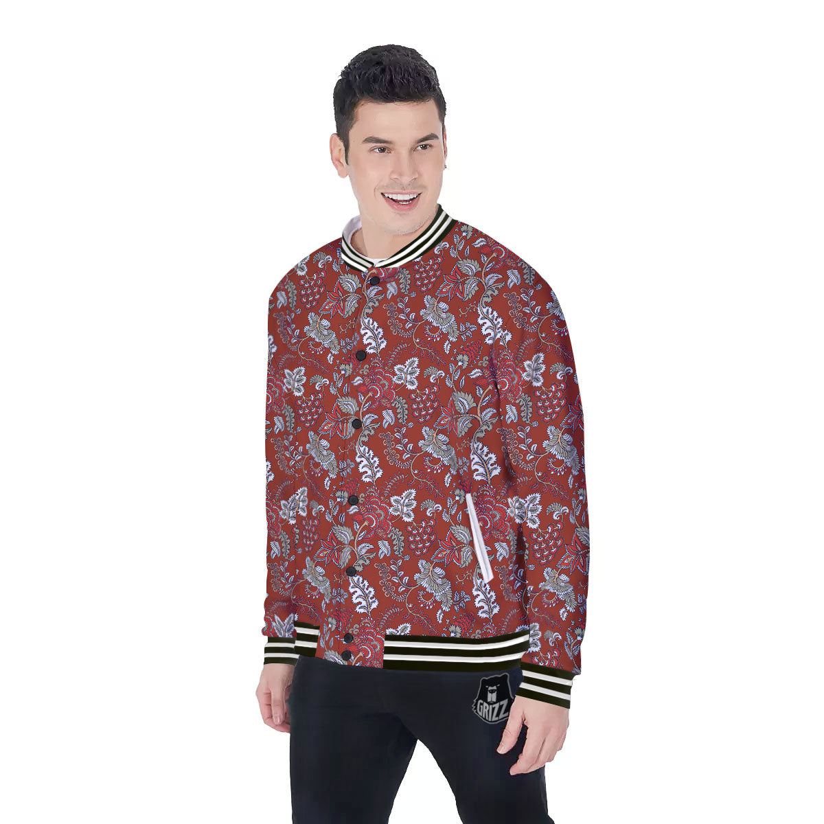 Bohemian Red Floral Print Pattern Baseball Jacket-grizzshop