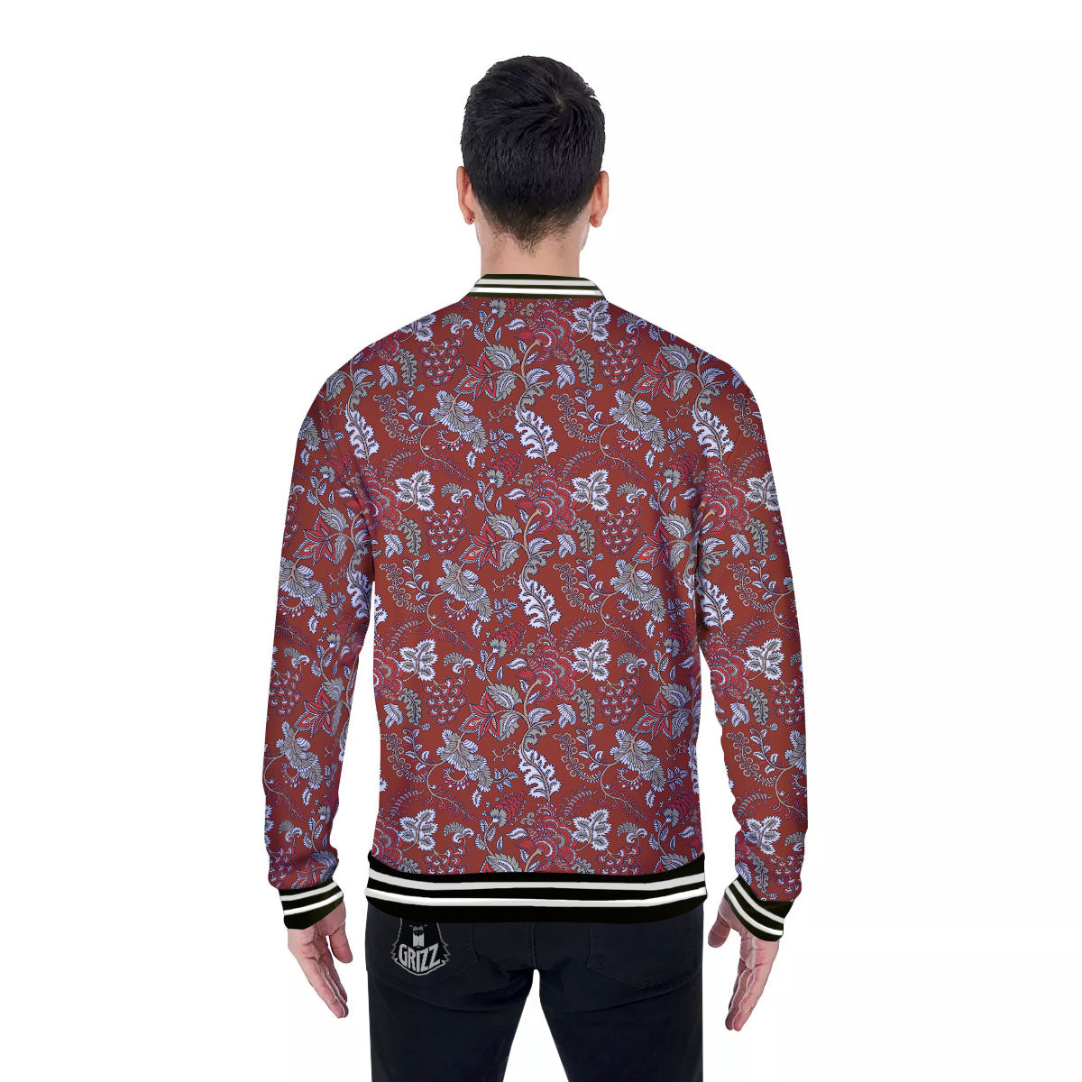 Bohemian Red Floral Print Pattern Baseball Jacket-grizzshop