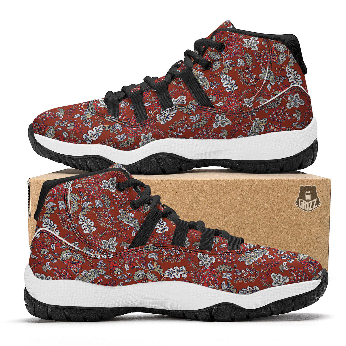 Bohemian Red Floral Print Pattern Black Bball Shoes-grizzshop