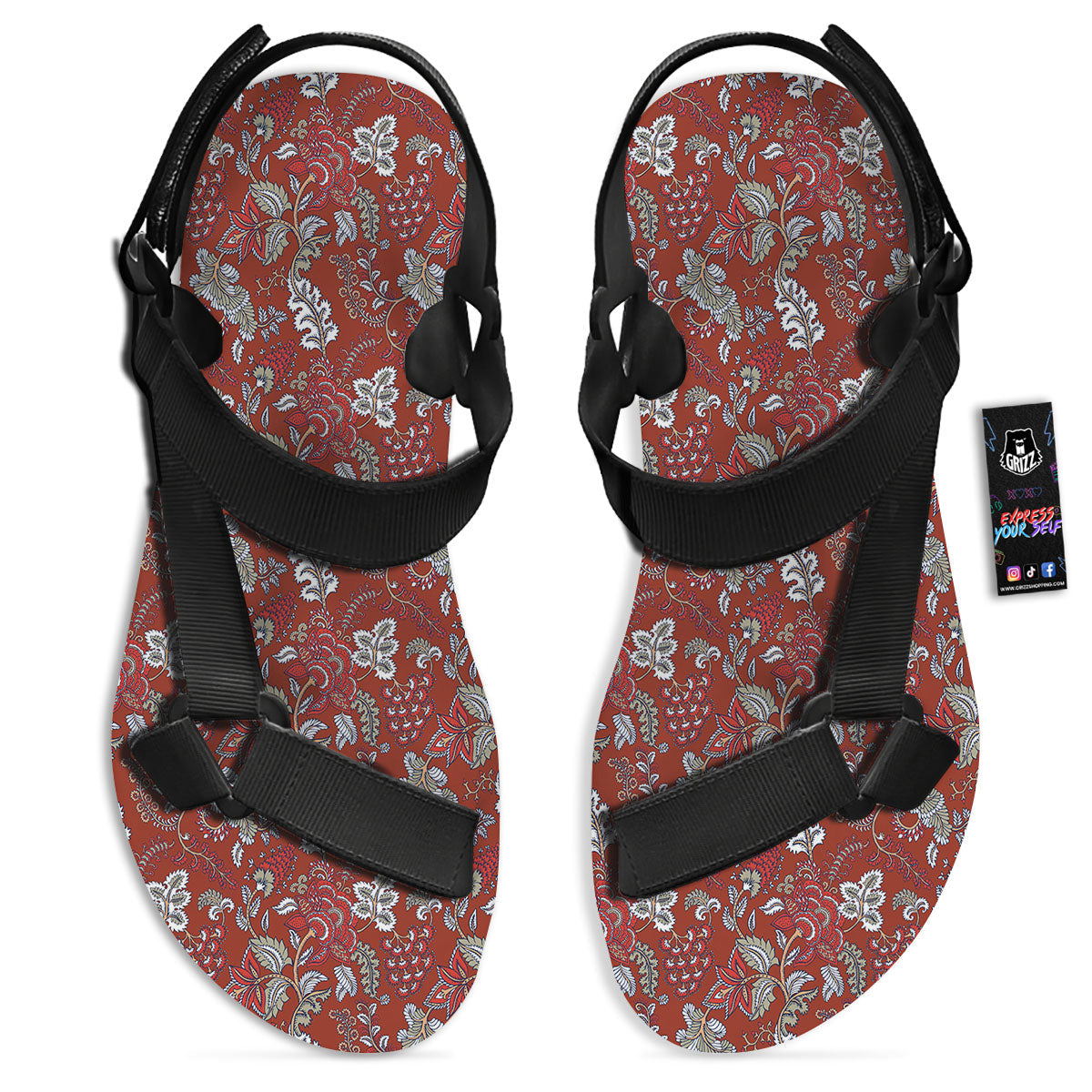 Bohemian Red Floral Print Pattern Black Open Toe Sandals-grizzshop