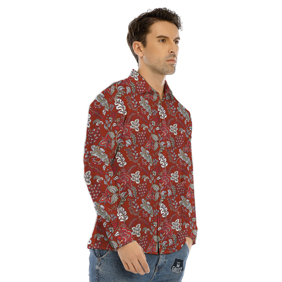 Bohemian Red Floral Print Pattern Men's Dress Shirts-grizzshop
